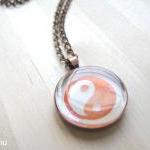 Yin Yang. Round Copper Necklace Handprinted In Red